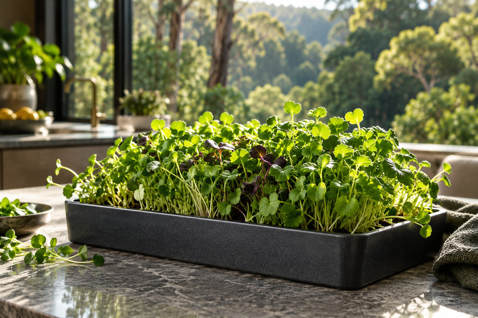 Microgreen tray in a sunlit kitchen